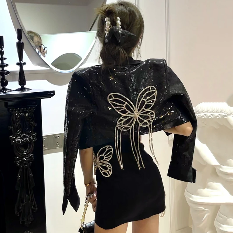 

New Korean Rhinestone tassel butterfly Sequin coat women's loose short versatile jacket top sexy suspender skirt Club black suit