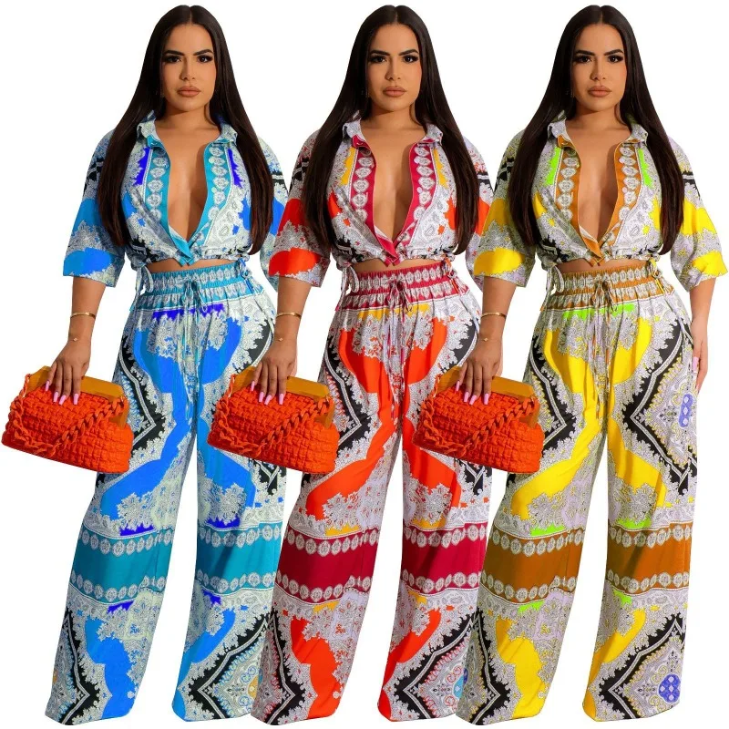 Two Pieces Set Spring Summer Fashion Office Ladies Women Casual Printing Button Shirt Wide Leg Pants Women Streetwear Pants Set 
Two Pieces Set Spring Summer Fashion Office Ladies Women Casual Printing Button Shirt Wide Leg Pants Women Streetwear Pants Set