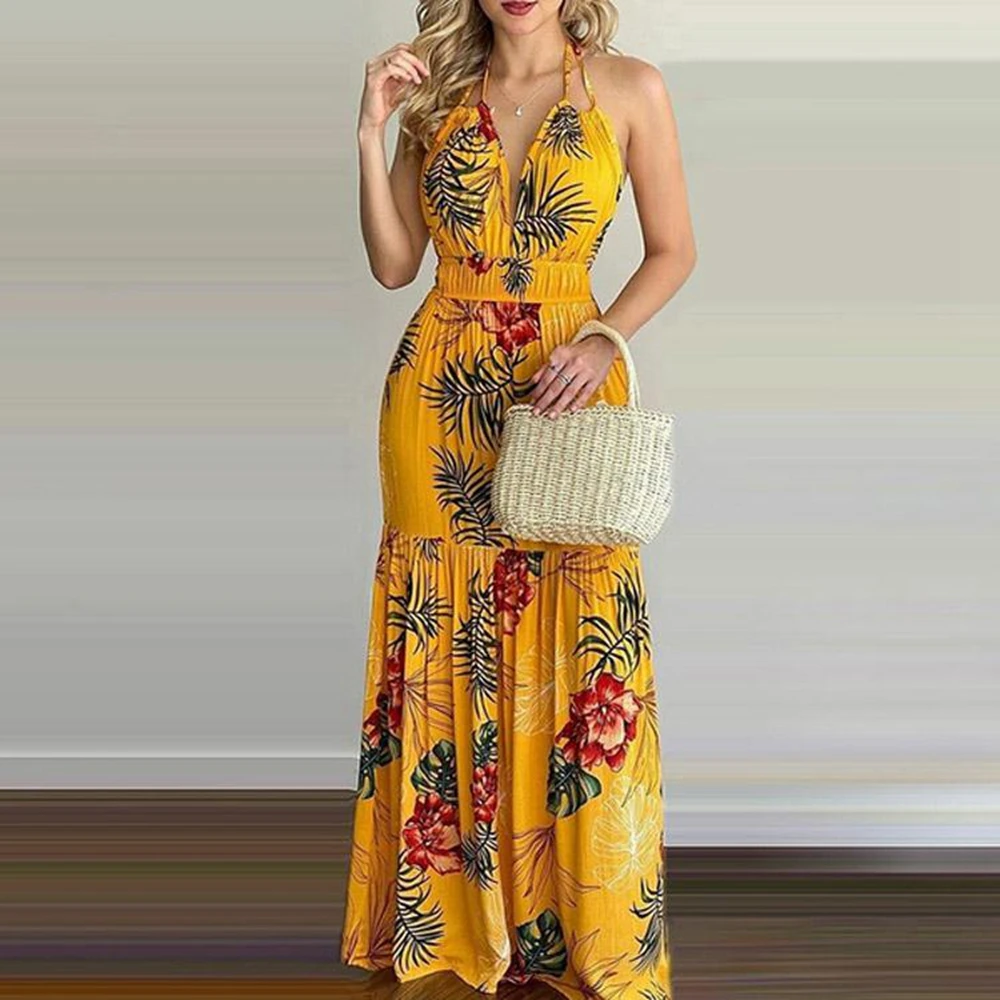 Womens Sexy Lace-up Halter Deep V Neck Dress Summer Fashion Flower Backless Elastic High Waist Loose Long A-line Sundress
Womens Sexy Lace-up Halter Deep V Neck Dress Summer Fashion Flower Backless Elastic High Waist Loose Long A-line Sundress
