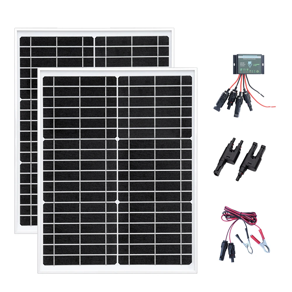 

50 Вт набор стеклянных солнечных панелей модуль 18 в 25 Вт * 2 ячейки с контроллером для дома автомобиля Солнечная лампа светильник 12 В свинцово-кислотные батареи зарядное устройство