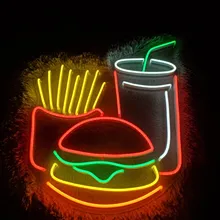 Burger Potato Chips Drink Neon Sign USB Powered for Kitchen Wall Decor, LED Neon Light Dimmable Night Lamp for Restaurant
