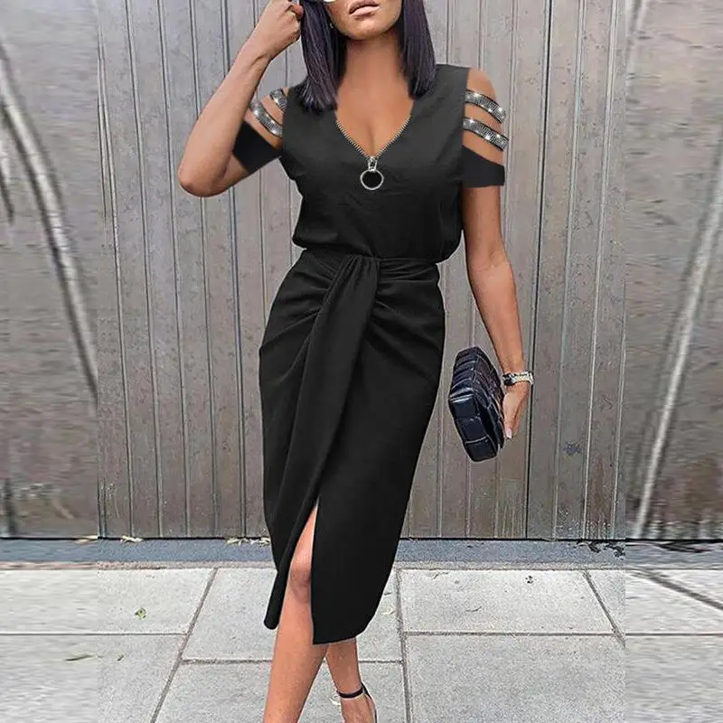 2022 New Women's Dresses Solid Color Temperament Hollow Shoulders Short Sleeve Sexy Zipper Deep V Neck Slim Ladies Dress 2XL
2022 New Women's Dresses Solid Color Temperament Hollow Shoulders Short Sleeve Sexy Zipper Deep V Neck Slim Ladies Dress 2XL