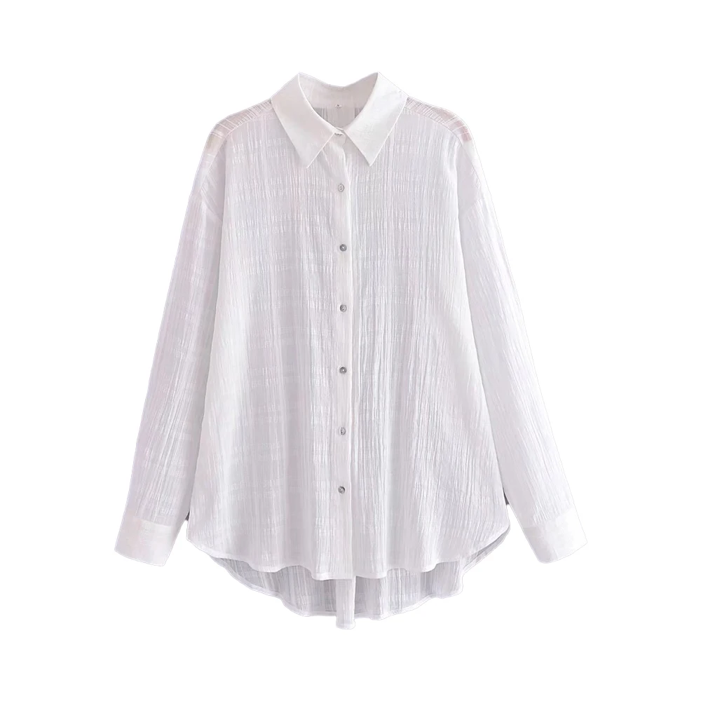

Рубашка женская однобортная с лацканами, асимметричная белая блузка из курортной ткани с длинным рукавом, свободного покроя, лето