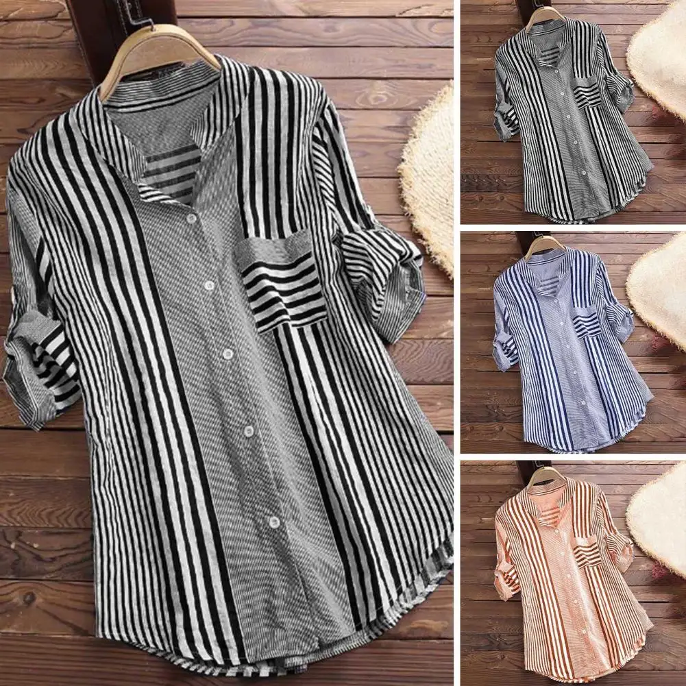 Women's Spring Fall Cotton Linen Long Sleeves Roll Up Striped Casual V Neck Button Down Shirts Blouses Collar Tunic Tops 
Women's Spring Fall Cotton Linen Long Sleeves Roll Up Striped Casual V Neck Button Down Shirts Blouses Collar Tunic Tops