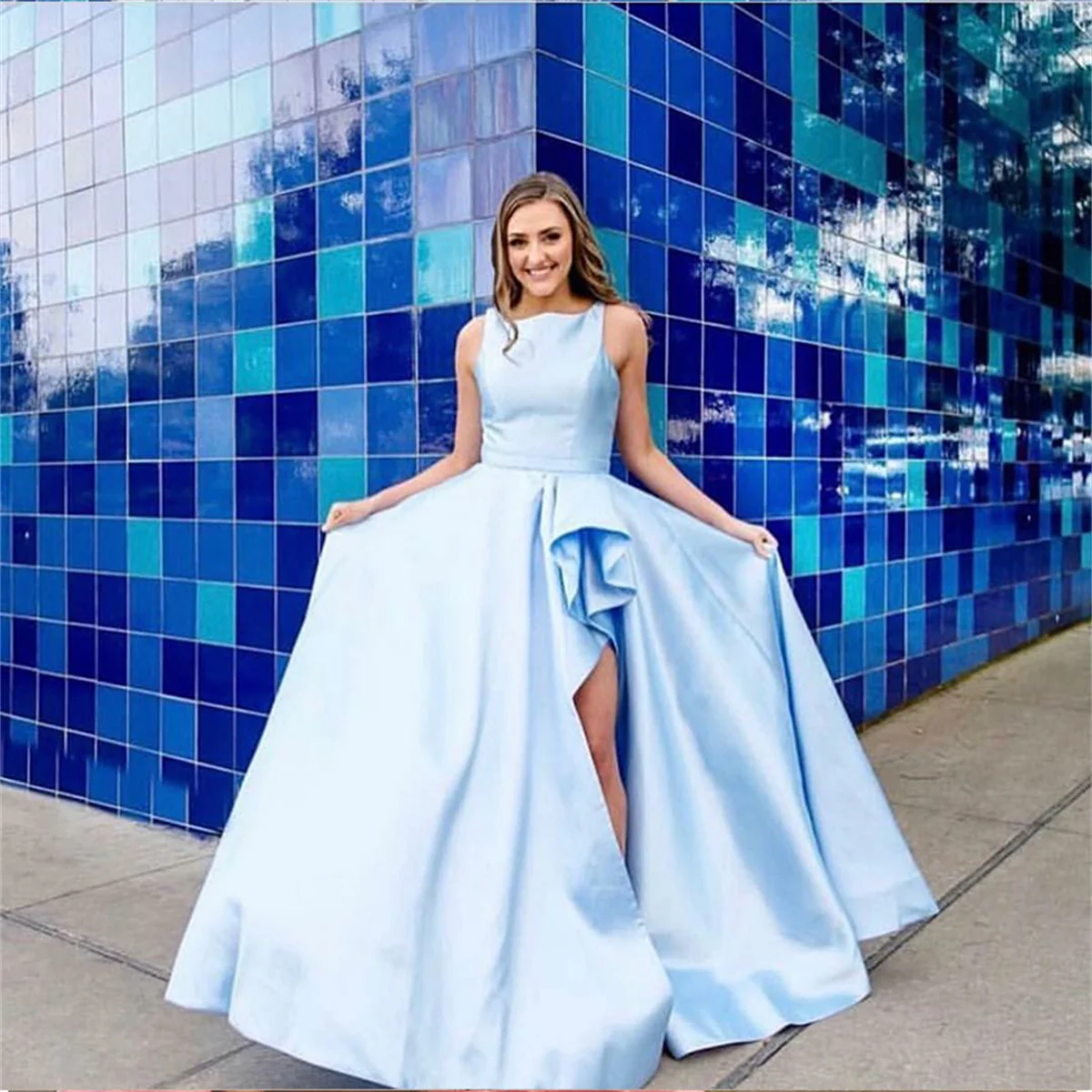Women's Sleeveless Satin Homecoming Dress Sky Blue With Front Clip Slit Floor Length High School Graduation Dress Prom Dress
Women's Sleeveless Satin Homecoming Dress Sky Blue With Front Clip Slit Floor Length High School Graduation Dress Prom Dress