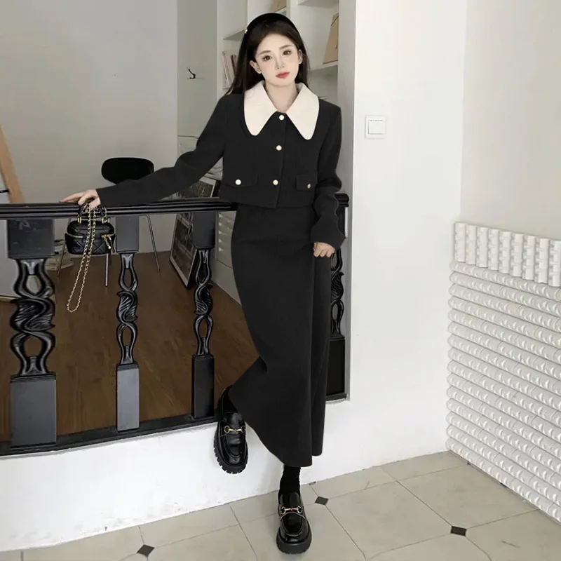 

High Quality Elegant Woman Vintage Corduroy 2 Piece Set Single-Breasted Peter Pan Collar Cropped Top+A Line Long Skirt Suit