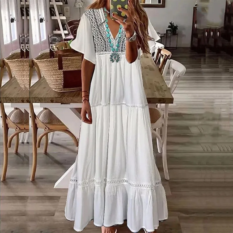 Casual Lady V Neck Pleated Beach Dress Women Retro Loose Lace Patchwork Long Dress Summer Fashion Solid Short Sleeve Party Dress
Casual Lady V Neck Pleated Beach Dress Women Retro Loose Lace Patchwork Long Dress Summer Fashion Solid Short Sleeve Party Dress