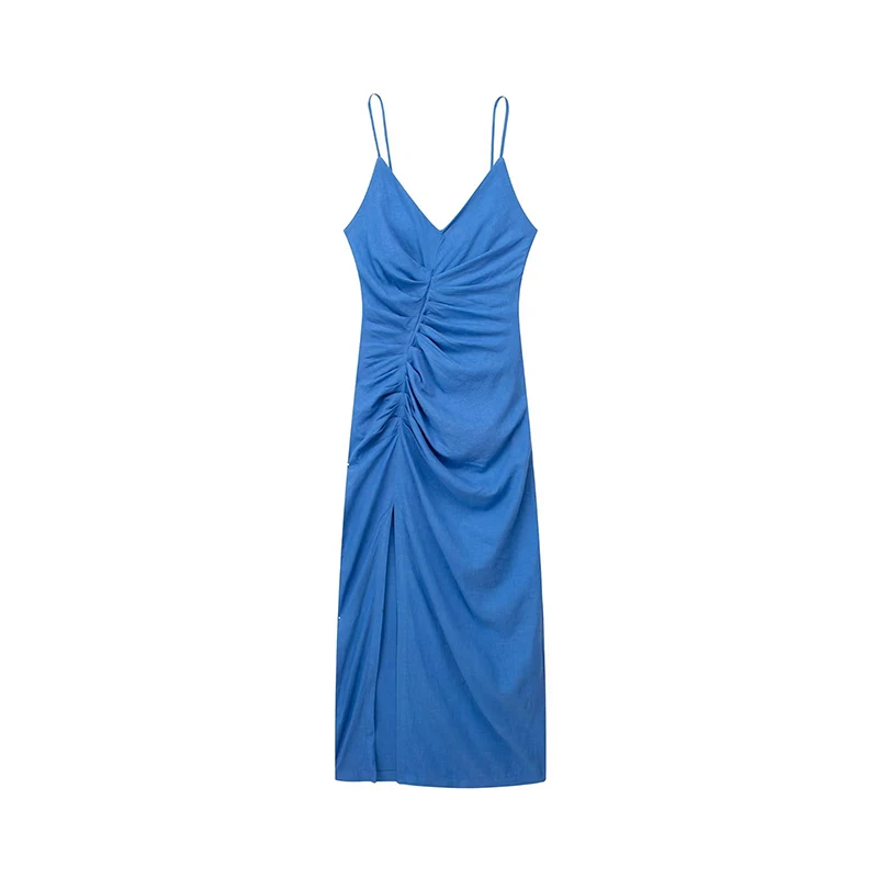

YENKYE 2023 Women Blue Ruched Linen Blend Sling Midi Dresses Sexy Sleeveless V Neck Slit Female Summer Dress