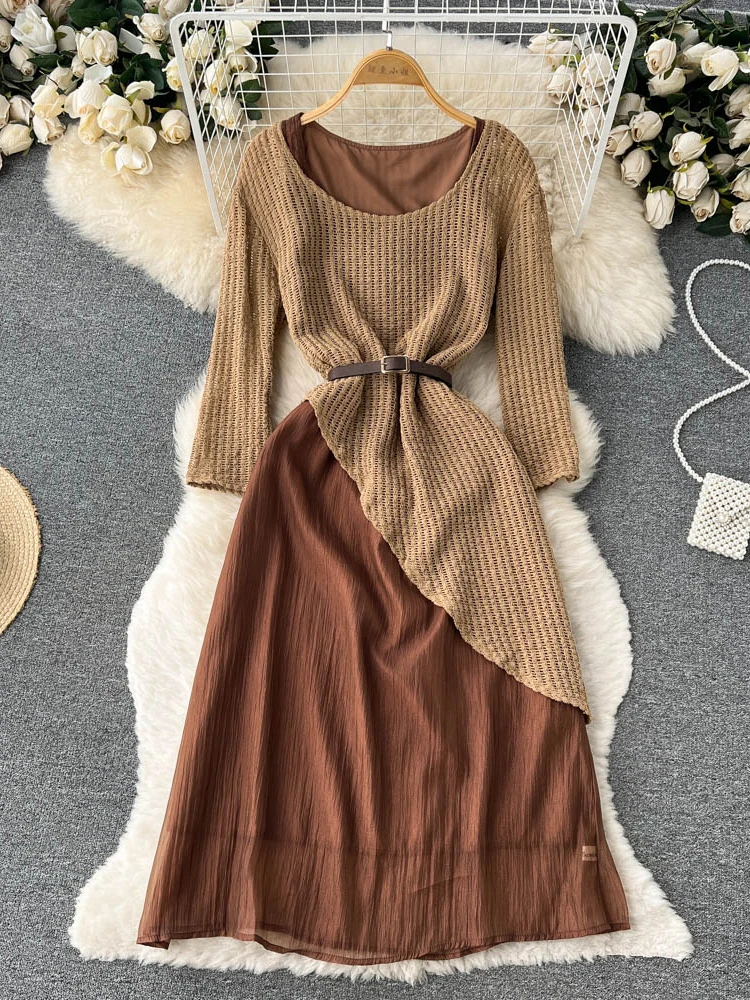 Women Autumn Winter Two-piece Dress Lively Hollowed Out Long-sleeved Knitted Blouse Top Vest New Outfit Vestidos D1882
Women Autumn Winter Two-piece Dress Lively Hollowed Out Long-sleeved Knitted Blouse Top Vest New Outfit Vestidos D1882