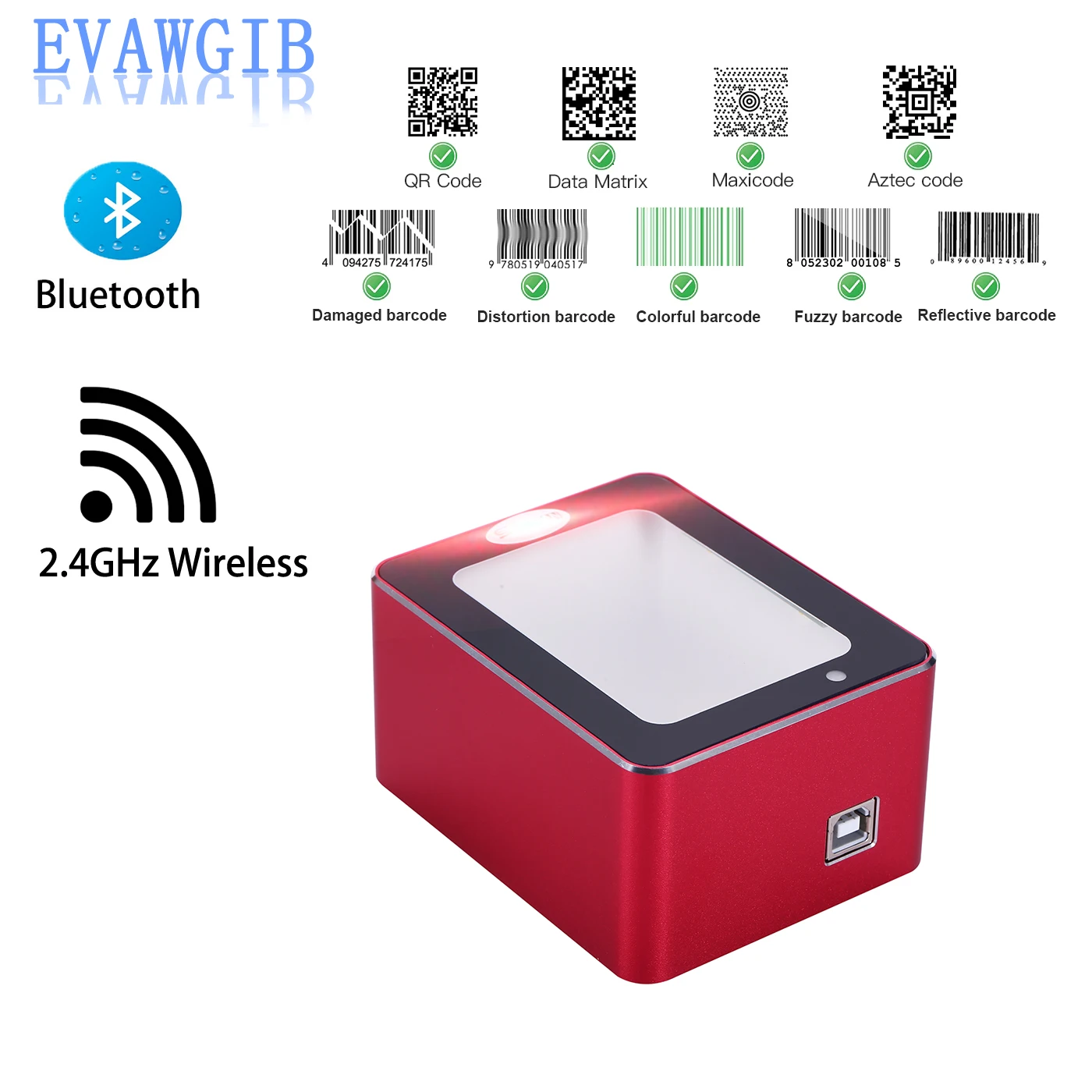 

EVAWGIB Desktop Bluetooth scanner de código de barras 2.4 GHz leitor de código de barras automático sem fio Caixa de metal de al