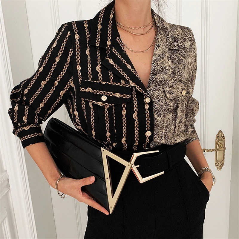 

Женская офисная блузка с графическим принтом, элегантная рубашка на пуговицах с отложным воротником, топы в стиле пэчворк с длинным рукавом, роскошная женская блузка, N163