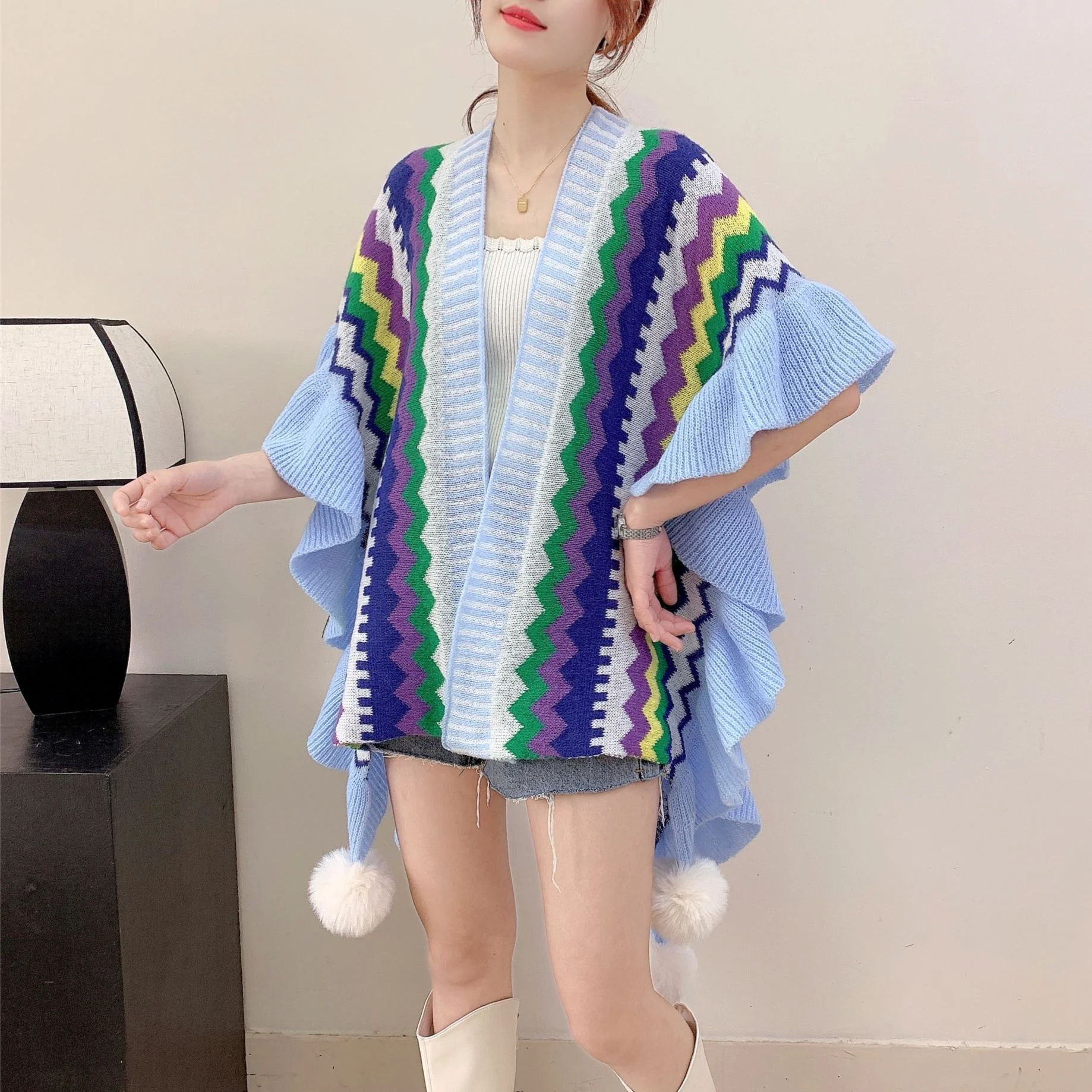 

Autumn Winter sweet Colorful Stripes Poncho Women Fashion Sweater Cloak New Pullover Shawl Female Flounce Cape