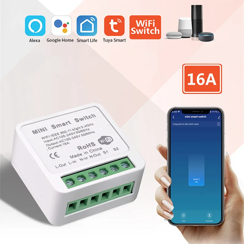 

16A Tuya Mini WiFi Smart Switch DIY 2-Way Remote Voice Group Control Timing Alexa Alice Google Home Smart Life Light Switches
