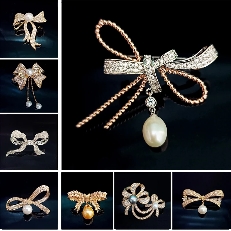 

OKILY Elegant Freshwater Pearl Brooch Copper Cubic Zircon Bow Corsage Ladies Fashion Uniquet Bowknot Woman Accessories Wholesale