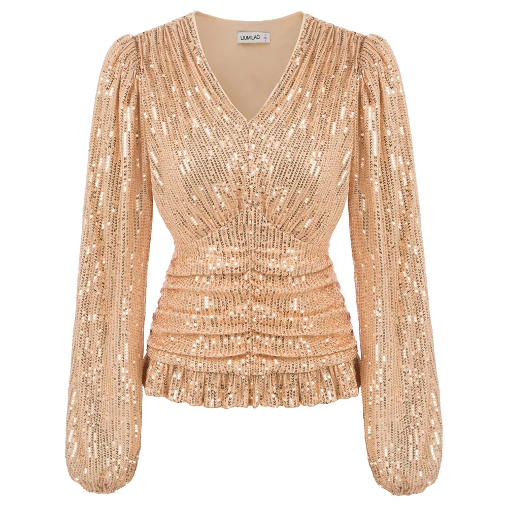 Women Sequined Pullovers Party Shiny Long Sleeve Tops Female V-Neck Ruffled Hem Ruched Blouse Clubwear Stage Performace Costume
Women Sequined Pullovers Party Shiny Long Sleeve Tops Female V-Neck Ruffled Hem Ruched Blouse Clubwear Stage Performace Costume