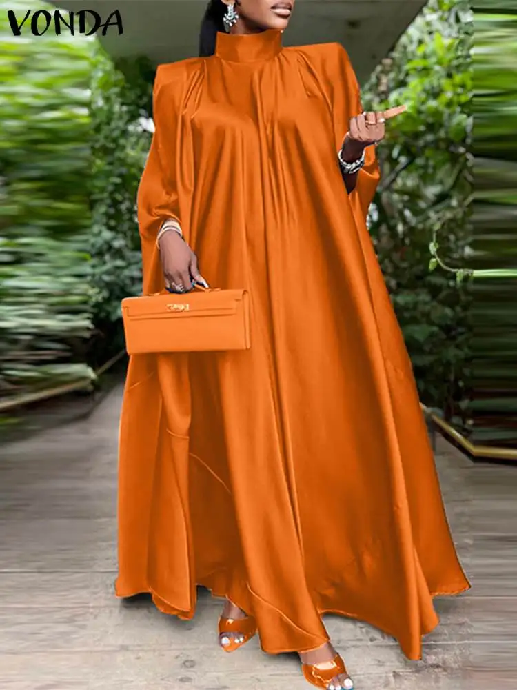 

Повседневное платье-макси VONDA 2023, Женский атласный модный вечерний элегантный плиссированный сарафан с воротником-стойкой и длинным рукавом летучая мышь, однотонный свободный халат
