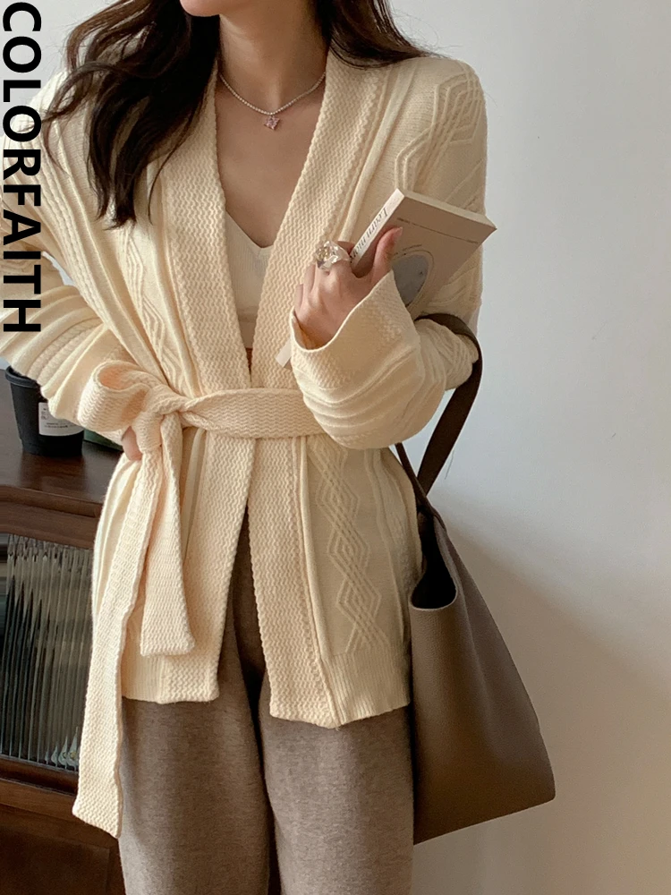 

Colorfaith SWC6003 Новинка 2023 корейский модный шикарный винтажный свитер на шнуровке женский зимний весенний вязаный кардиган с v-образным вырезом элегантные топы
