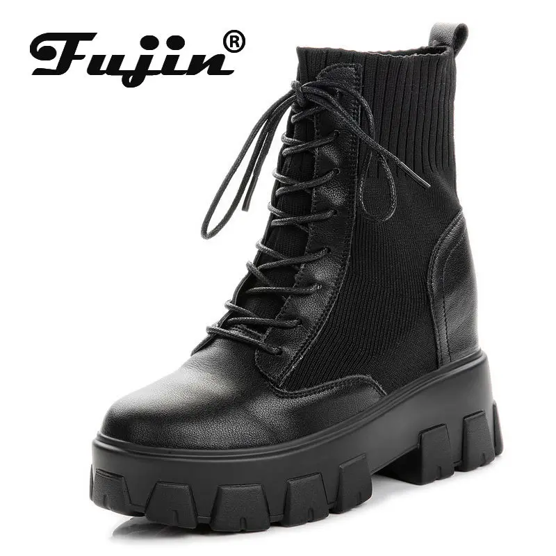 

Fujin/женская вязаная теплая обувь из натуральной кожи 8 см; Сезон осень-зима; Зимние ботильоны на платформе; Женские плюшевые ботинки на танкетке