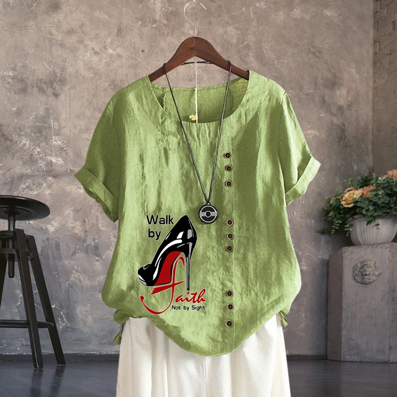 High Heel Shoe Pattern Printed O Neck Summer Short Sleeve Women's Clothing Cotton Linen Lady's Casual Loose T Shirt Popular Top 
High Heel Shoe Pattern Printed O Neck Summer Short Sleeve Women's Clothing Cotton Linen Lady's Casual Loose T Shirt Popular Top