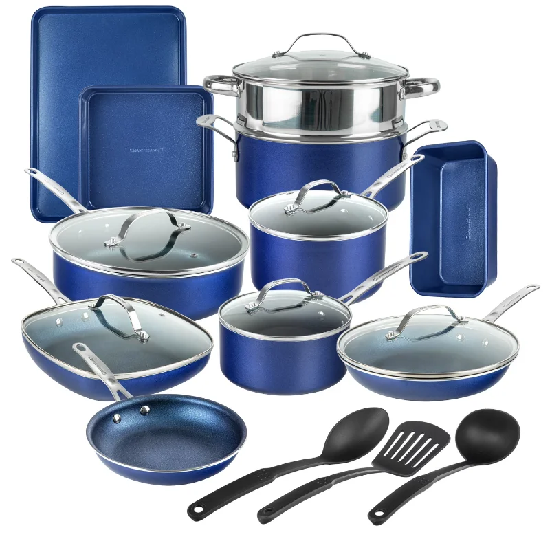 

Набор из гранитных кастрюль и сковородок, комплект из 20 кухонных принадлежностей + жаростойкая посуда, антипригарная, можно мыть в посудомоечной машине, синяя