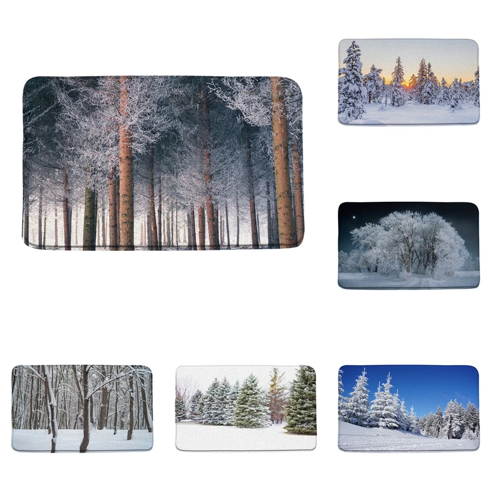 

Winter Snow Scene Forest Bath Mats Outdoor Landscape Tree Flannel Bathroom Decor Rugs Doormat Non Slip Backing Kitchen Foot Pad