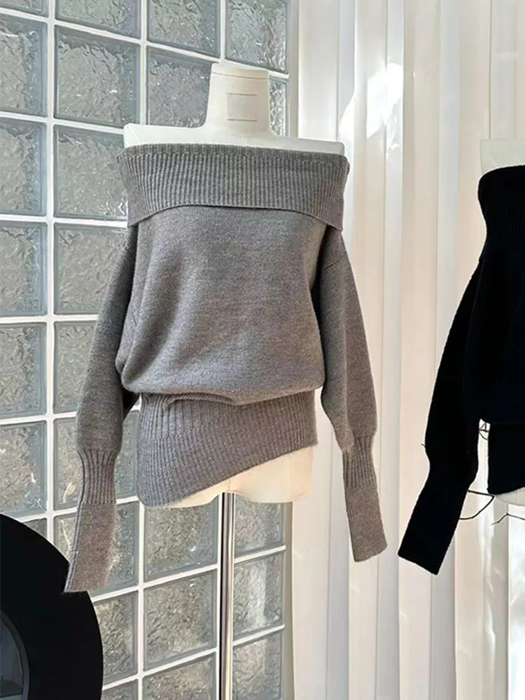 

Женский трикотажный джемпер Gyaru, серый пуловер оверсайз с открытыми плечами и воротником-лодочкой, модный Повседневный свитер на осень и зиму