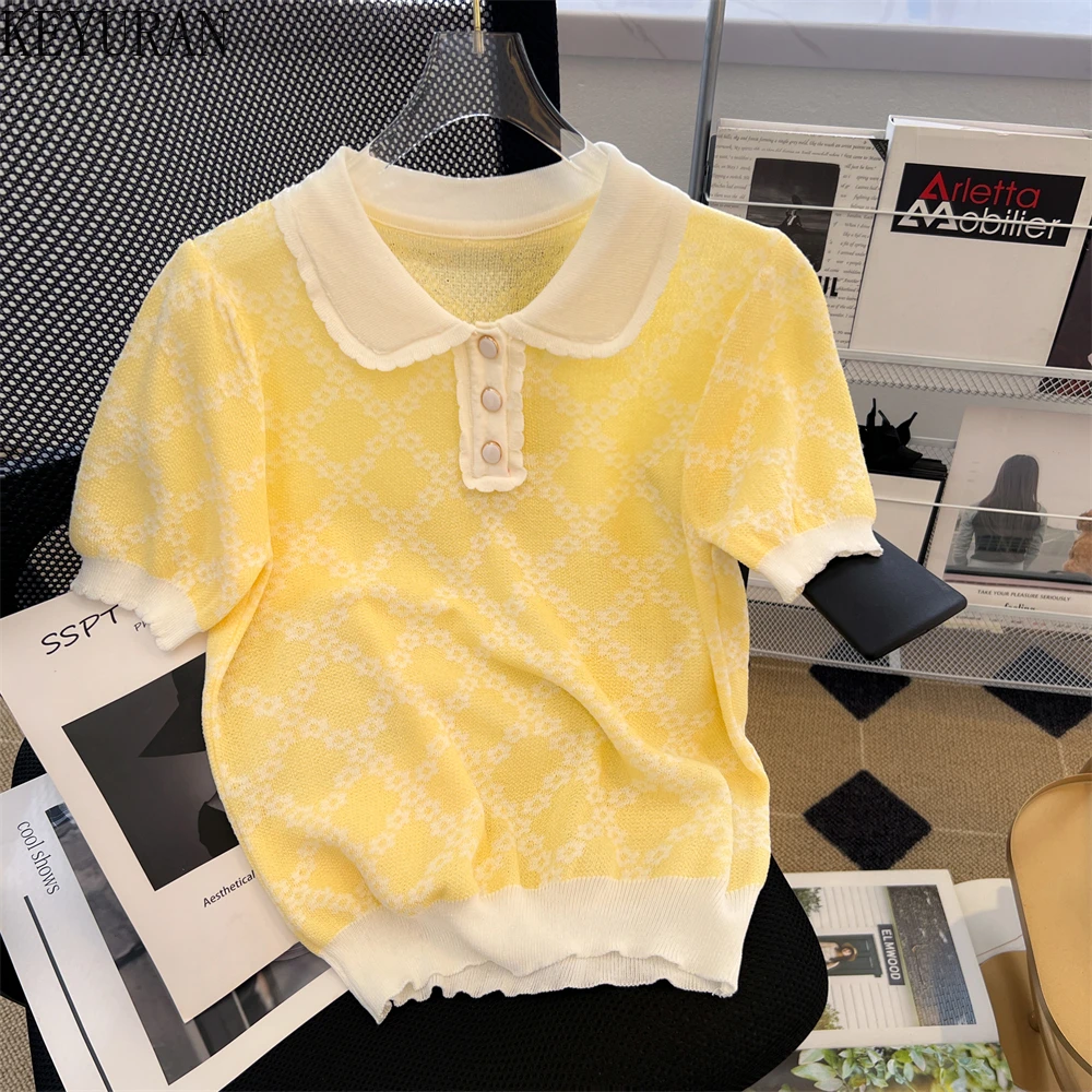 Summer Yellow Argyle Flower Jacquard Short Sleeve Sweater Women's Knitted T-Shirt 2022 New Casual Loose Thin Pink Kniwear Tops
Summer Yellow Argyle Flower Jacquard Short Sleeve Sweater Women's Knitted T-Shirt 2022 New Casual Loose Thin Pink Kniwear Tops