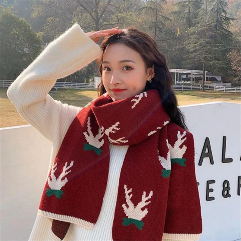 

Wine Red Elk Antlers Christmas Fawn Scarf Female Autumn Winter Knitted Soft Girl Thickened Scarf Double-Sided Scarf
