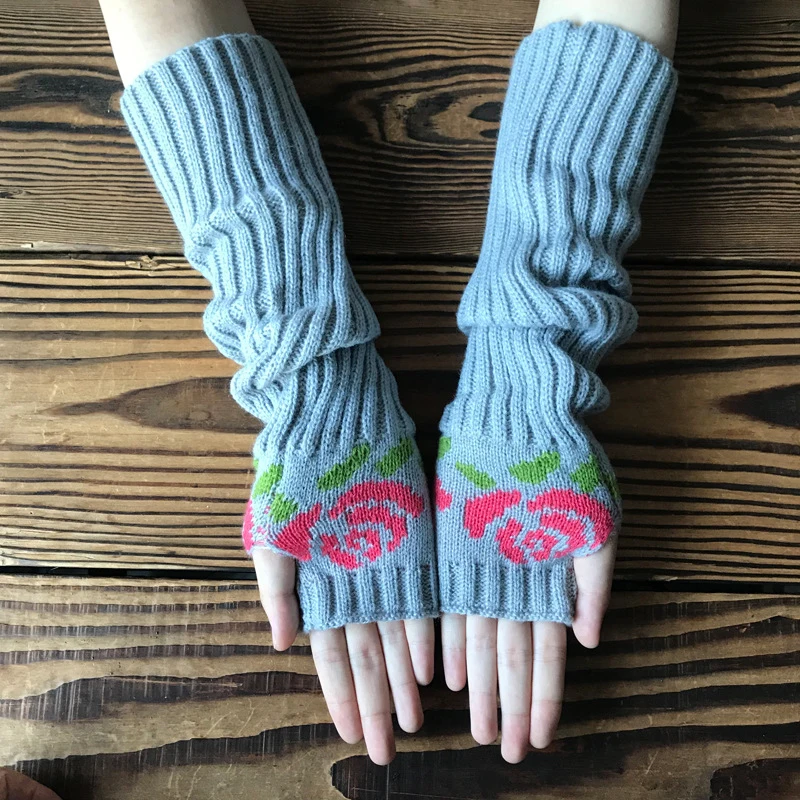 

Митенки без пальцев длинные шерстяные перчатки розовые жаккардовые вязаные перчатки теплые перчатки с цветочным узором трикотажные перчатки с вырезами для большого пальца
