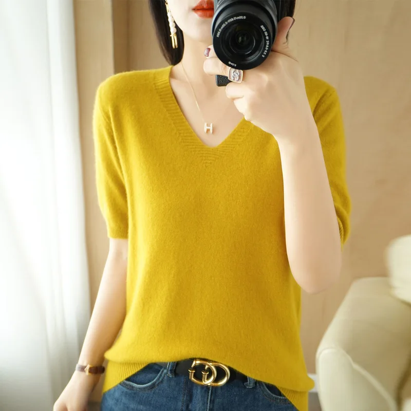 Spring Korean Pink Shirt Autumn 2023 Jumpers Bottoming Pullovers Summer V-neck Green Camel Knitwear Sweaters Women Sleeves Short
Spring Korean Pink Shirt Autumn 2023 Jumpers Bottoming Pullovers Summer V-neck Green Camel Knitwear Sweaters Women Sleeves Short