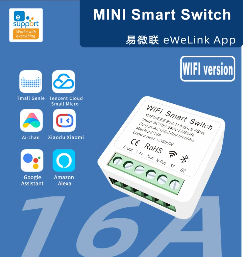 16A Wifi MINI Smart Switch eWeLink 2-way Control Timer Wireless Switch Smart Home Automation Compatible With Alexa Google Home
16A Wifi MINI Smart Switch eWeLink 2-way Control Timer Wireless Switch Smart Home Automation Compatible With Alexa Google Home