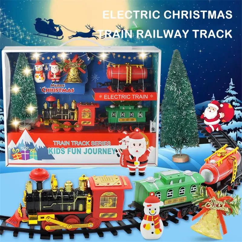 

Рождественский автомобиль на рельсах без заусенцев динамический звук прочное освещение на батарейках подарок на день рождения Электрический Железнодорожный поезд игрушки для железной дороги