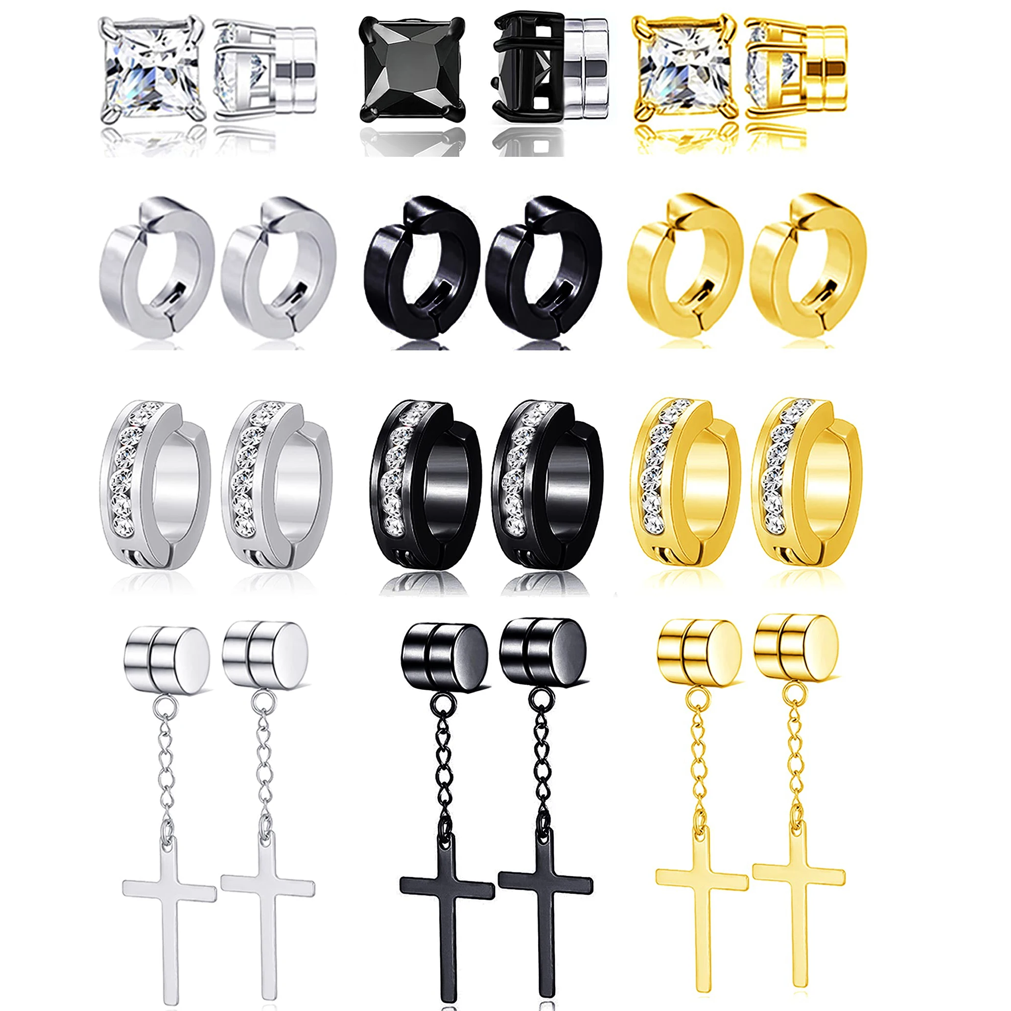 12 Pairs Magnetic Stud Earrings Stainless Steel Non Pierced Earrings Punk CZ Hoop Cross Dangle Hinged Clip on Earring Set
12 Pairs Magnetic Stud Earrings Stainless Steel Non Pierced Earrings Punk CZ Hoop Cross Dangle Hinged Clip on Earring Set