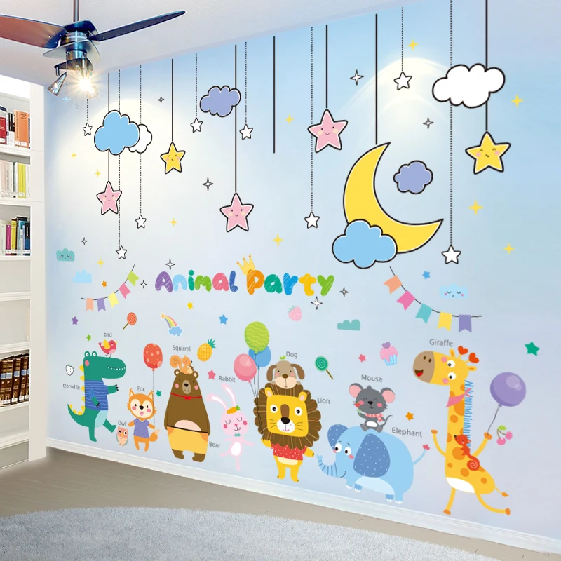 

Cartoon Animals Wall Stickers DIY Stars Clouds Hangings Mural Decals for Kids Rooms Baby Bedroom Nursery Home Decoration