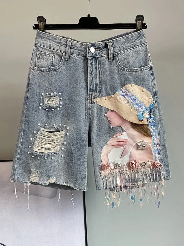 

Short Jeans Women 2023 Summer New 3d Character Jeans Broken Hole Sequins Studded Beads Tassels Capris Shorts Female