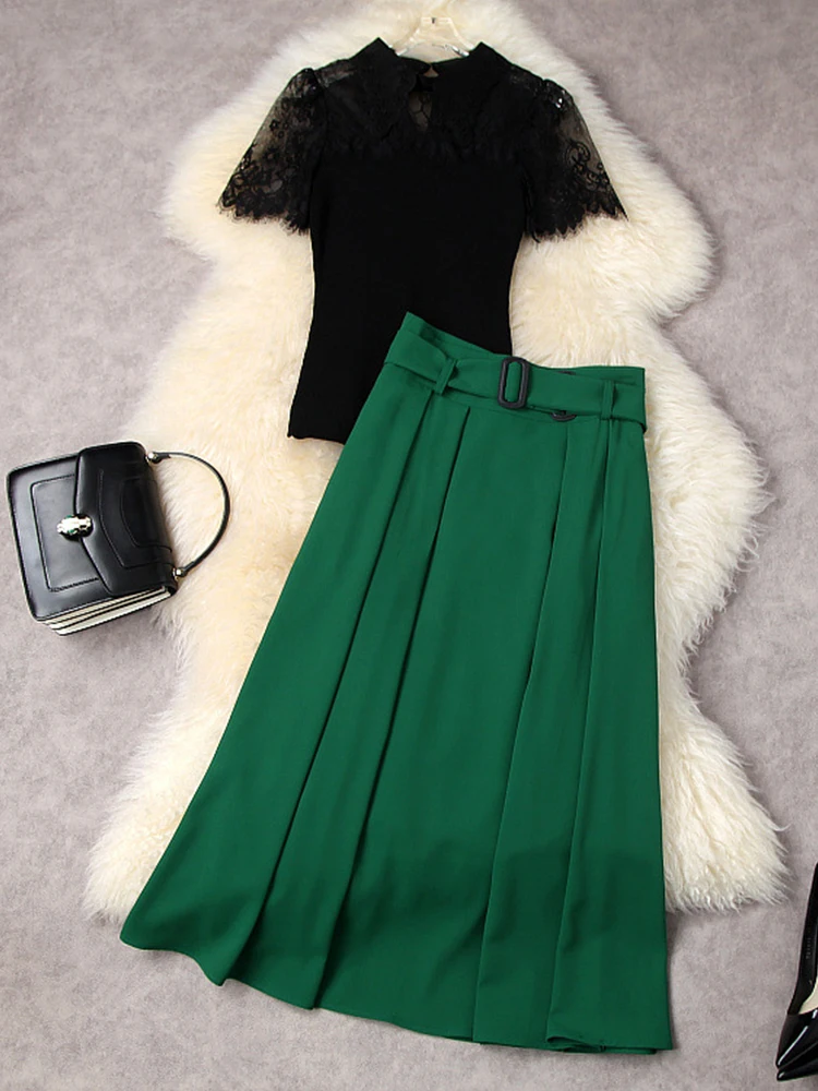 HIGH QUALITY New 2022 Designer Fashion Suits Women Elegent Hollow Out Lace Stitched Knit Tops and Green Long Skirt 2 Pieces Sets
HIGH QUALITY New 2022 Designer Fashion Suits Women Elegent Hollow Out Lace Stitched Knit Tops and Green Long Skirt 2 Pieces Sets