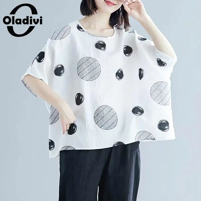 

Oladivi Oversized Women Polk Dot Print Cotton Linen Blouse Batwing Sleeve Casual Shirt Summer 2022 Loose Top Tees Big Tunics 5XL