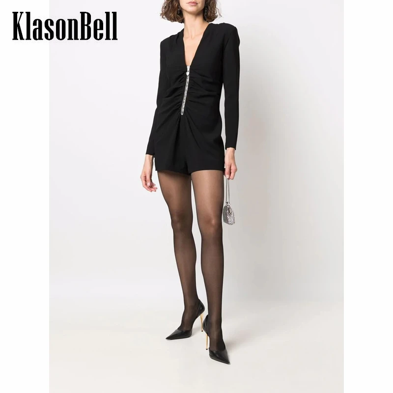 5.7 KlasonBell Love Zipper V-Neck Long Sleeve Rhinestone Decoration Shoulder Pads Ruched Slim Black Playsuit Romper Women
5.7 KlasonBell Love Zipper V-Neck Long Sleeve Rhinestone Decoration Shoulder Pads Ruched Slim Black Playsuit Romper Women