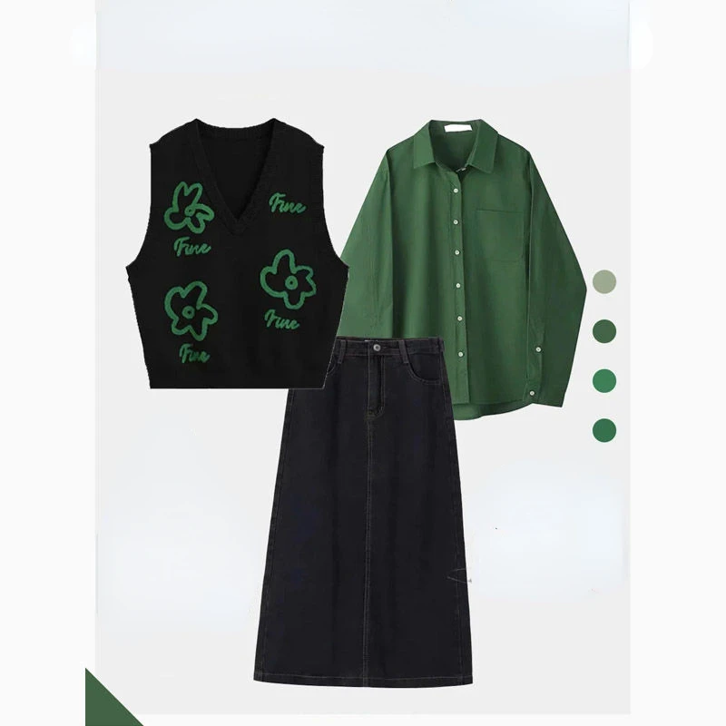Spring 2023 Ladies Set Outfits Embroidery Knitted Vest Set POLO Collar Design Shirt Denim Half Body Skirt Three Piece Women
Spring 2023 Ladies Set Outfits Embroidery Knitted Vest Set POLO Collar Design Shirt Denim Half Body Skirt Three Piece Women