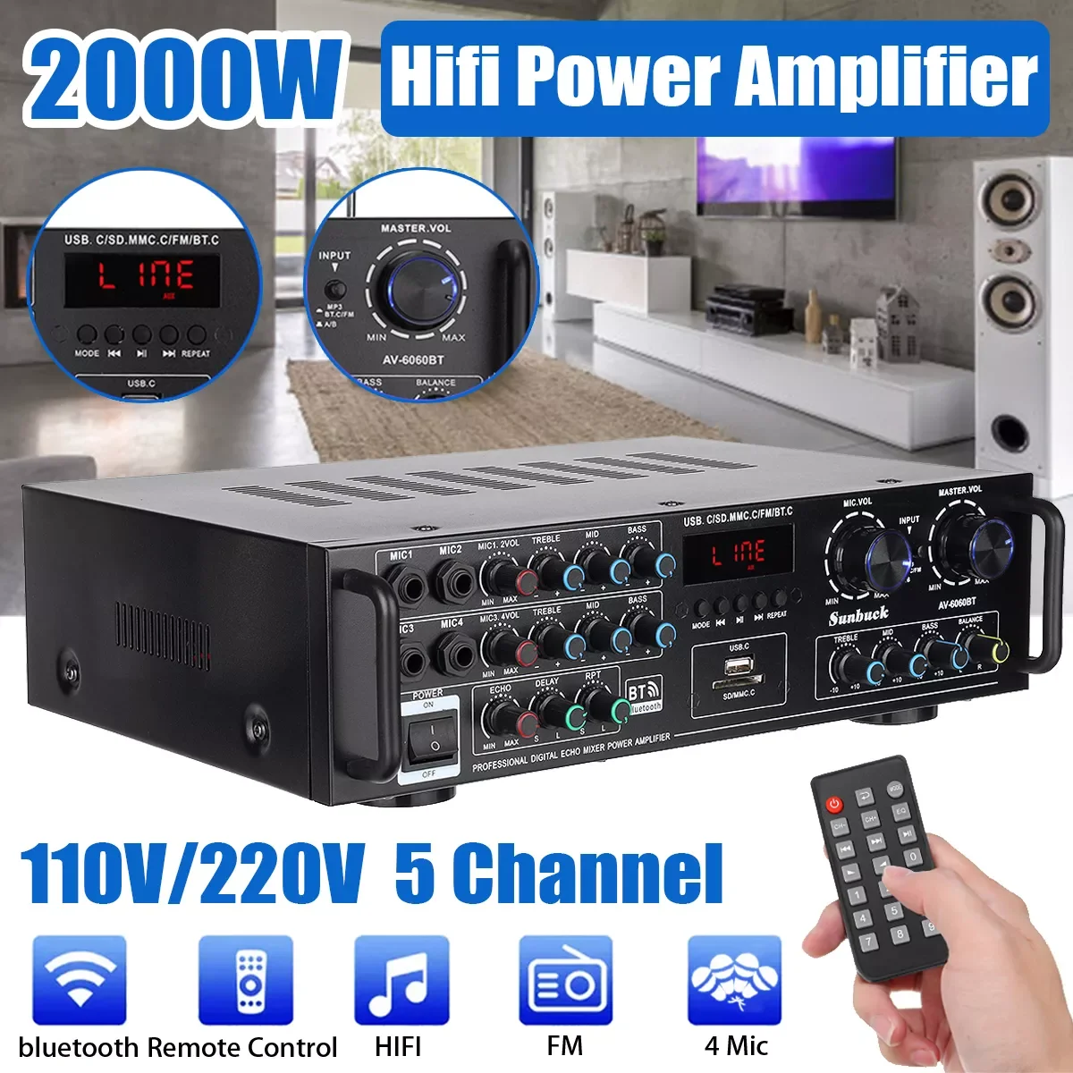 1000W Home Amplifiers Audio 220V Bass Audio Power Bluetooth Digital Amplifier Hifi FM USB SD LED for Subwoofer Speakers
1000W Home Amplifiers Audio 220V Bass Audio Power Bluetooth Digital Amplifier Hifi FM USB SD LED for Subwoofer Speakers