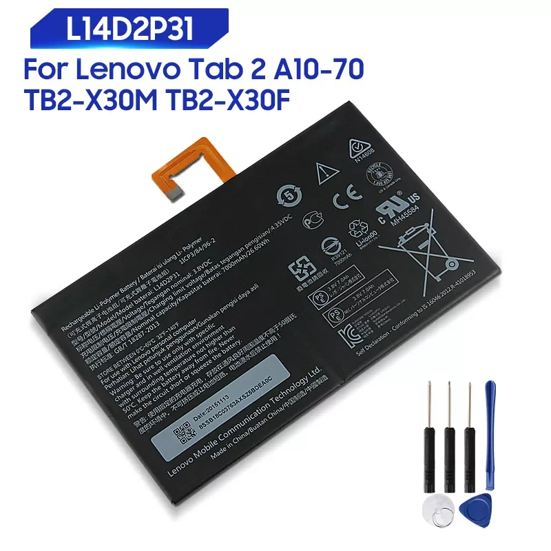 Original Replacement Battery For Lenovo Tab 2 A10-70 LC/A10-70F TB2-X30M TB2-X30F L14D2P31 Genuine Tablet Battery 7000mAh
Original Replacement Battery For Lenovo Tab 2 A10-70 LC/A10-70F TB2-X30M TB2-X30F L14D2P31 Genuine Tablet Battery 7000mAh
