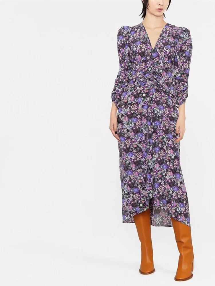 Women Floral Print Shirring V-Neck Puff Sleeve Long Sleeve Zipper Asymmetrical Midi Dress
Women Floral Print Shirring V-Neck Puff Sleeve Long Sleeve Zipper Asymmetrical Midi Dress