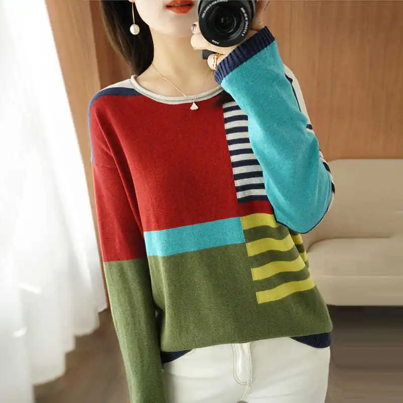 2022 Women's Spring Autumn New Long Sleeve Sweater Tops Female Round Neck Loose Pullovers Ladies Casual Patchwork Knit Tops X58
2022 Women's Spring Autumn New Long Sleeve Sweater Tops Female Round Neck Loose Pullovers Ladies Casual Patchwork Knit Tops X58