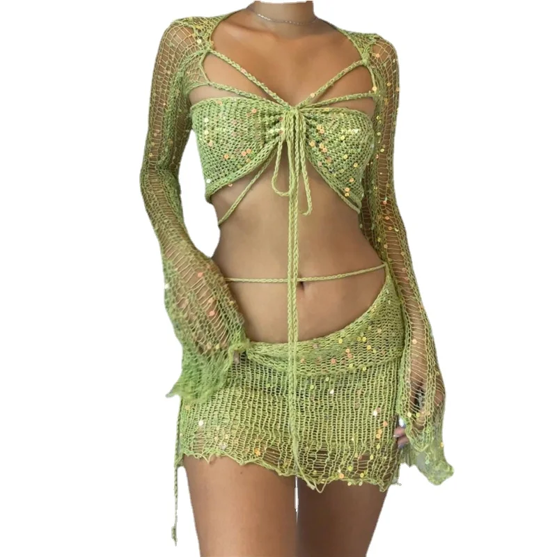 Sexy Sequins Knitted Hollow Out Three Piece Set Women Sleeveless Cropped Top Midi Bodycon Skirt Suit Summer Beach Mujer Outfits
Sexy Sequins Knitted Hollow Out Three Piece Set Women Sleeveless Cropped Top Midi Bodycon Skirt Suit Summer Beach Mujer Outfits