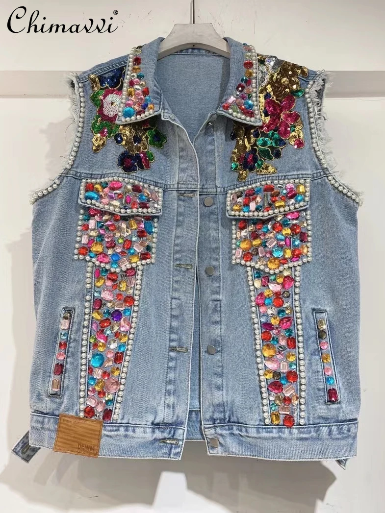 2022 Autumn New Diamond Embroidered Patch Fashion Denim Vest Women's Loose Raw Hem Sequins Loose Jeans Jacket for Ladies
2022 Autumn New Diamond Embroidered Patch Fashion Denim Vest Women's Loose Raw Hem Sequins Loose Jeans Jacket for Ladies