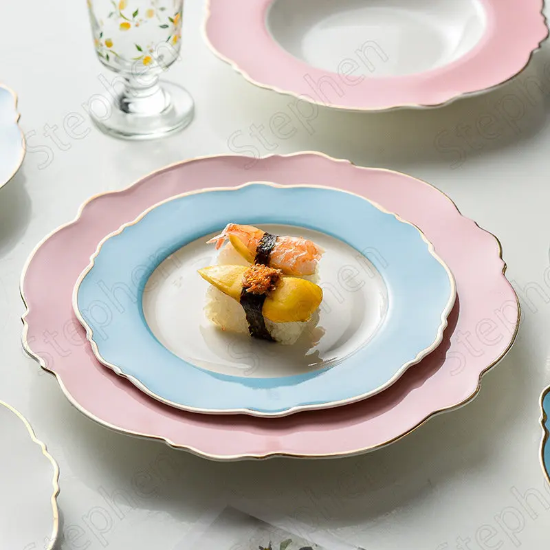 

Golden Stroke Ceramic Plate European Classical Solid Color Flower Shape Cake Dessert Dishes Steak Pasta Dinner Plates Tableware