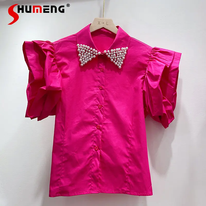 

Heavy Industry Beads Decorated Lapel Flying Sleeves Single-Breasted Shirt Cardigan Fashion Casual Temperament Top Blouse