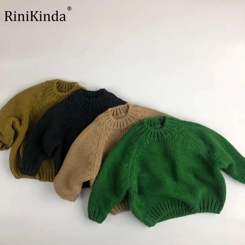 

RiniKinda 2022 Winter Kids Baby Girl Sweater Long Sleeve O Neck Solid Knitting Pullover Tops Boy Knitwear Thicken Warm Clothes