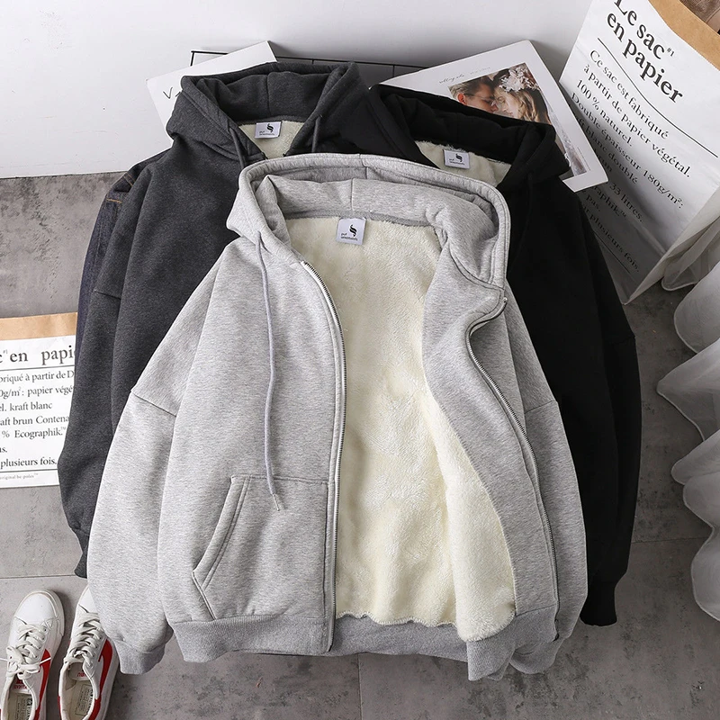 

Warm Jacket Women Solid Hoodies Coat Autumn Winter Lamb Wool Fleece Loose Larges Thick Zipper Female Grey Black Sweatshirt