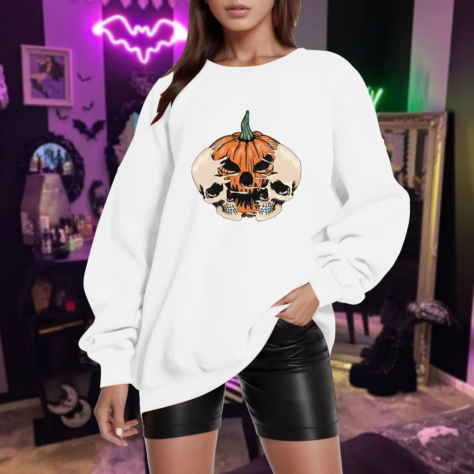 Halloween Skeleton Pumpkin Print Pullover For Women Long Sleeve Loose Hoodless Sweatshirt Solid Color Streetwear Hoodie Autumn
Halloween Skeleton Pumpkin Print Pullover For Women Long Sleeve Loose Hoodless Sweatshirt Solid Color Streetwear Hoodie Autumn